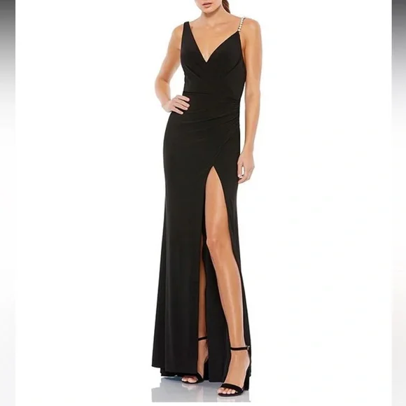 Mac Duggal
Jersey Knit V-Neck Sleeveless Pearl Strap Thigh High Slit Gown size 2 - Picture 2 of 14